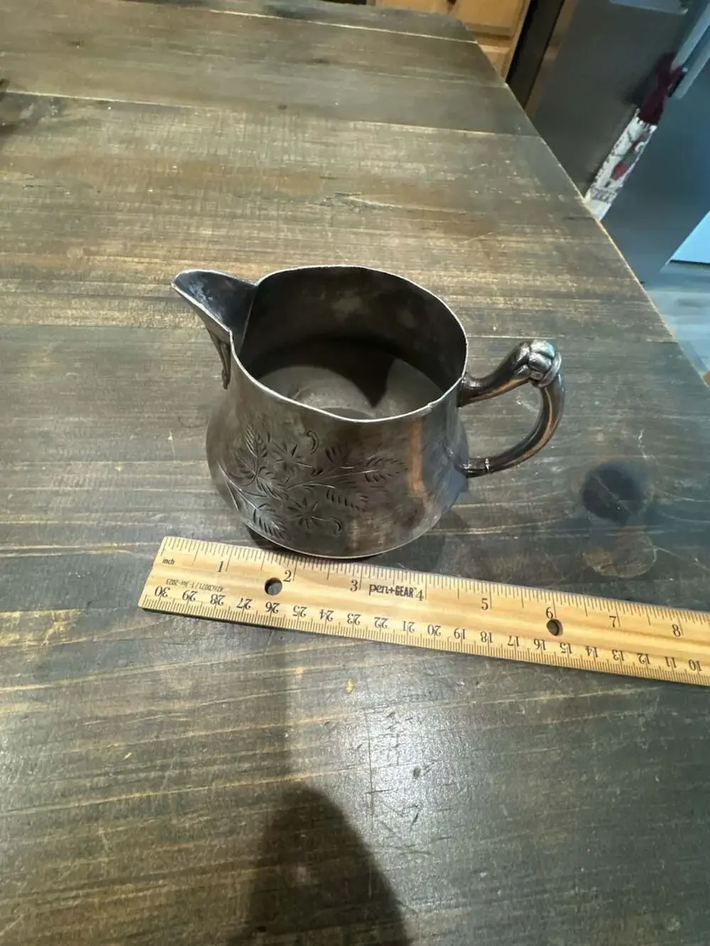 Antique Silver Plated Creamer Pitcher with Etched Floral Design and Ornate Handl